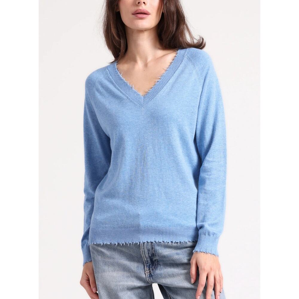 Minnie Rose Coastal Cashmere V-Neck Sweater Small Blue Preppy Quiet Luxury Soft